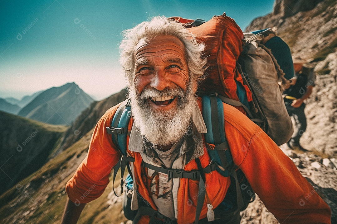 Velho andando no topo da montanha