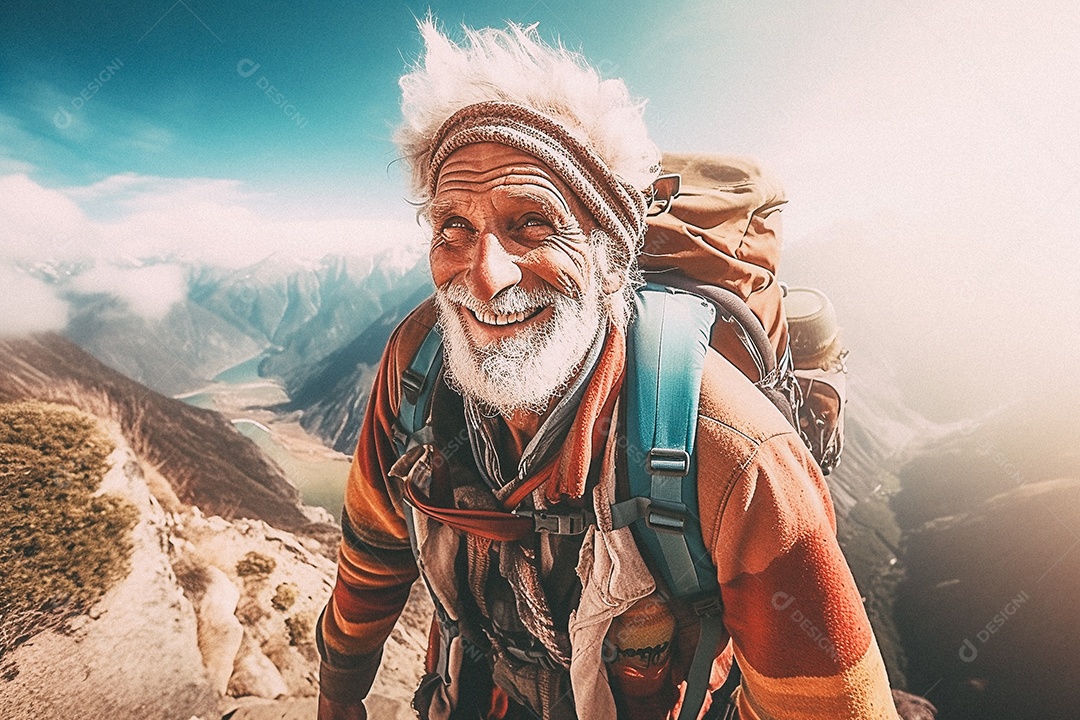 Velho andando no topo da montanha