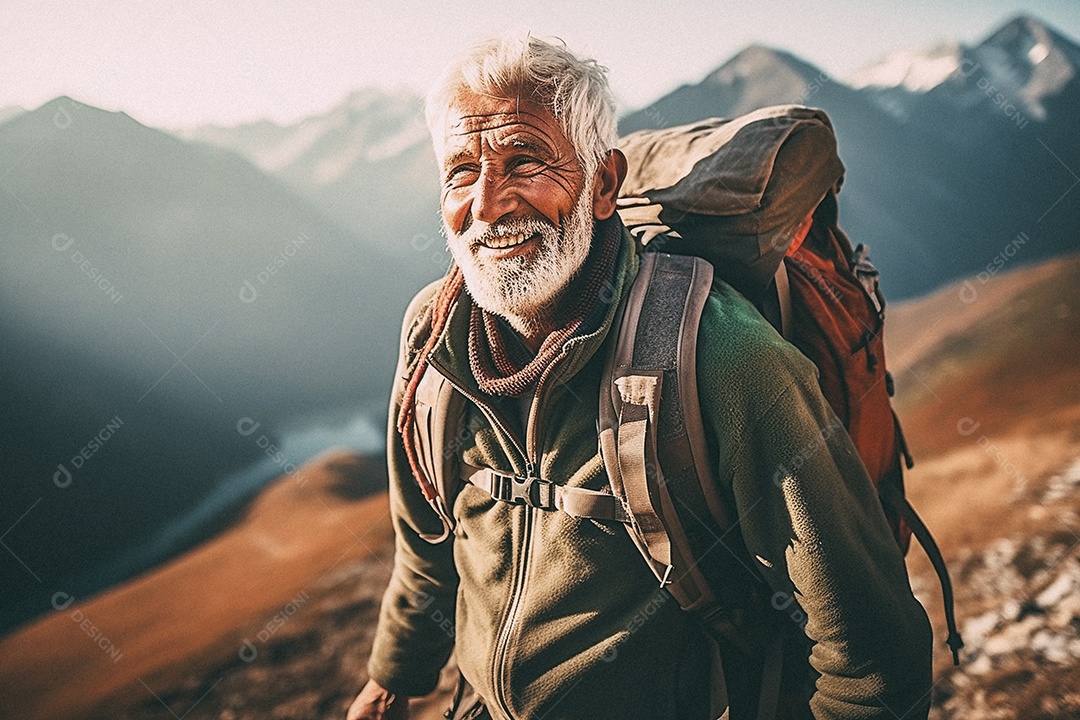 Velho andando no topo da montanha