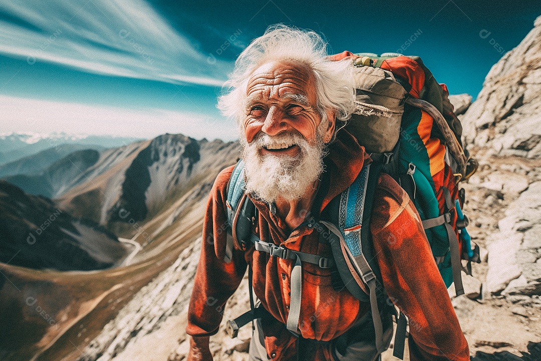 Velho andando no topo da montanha