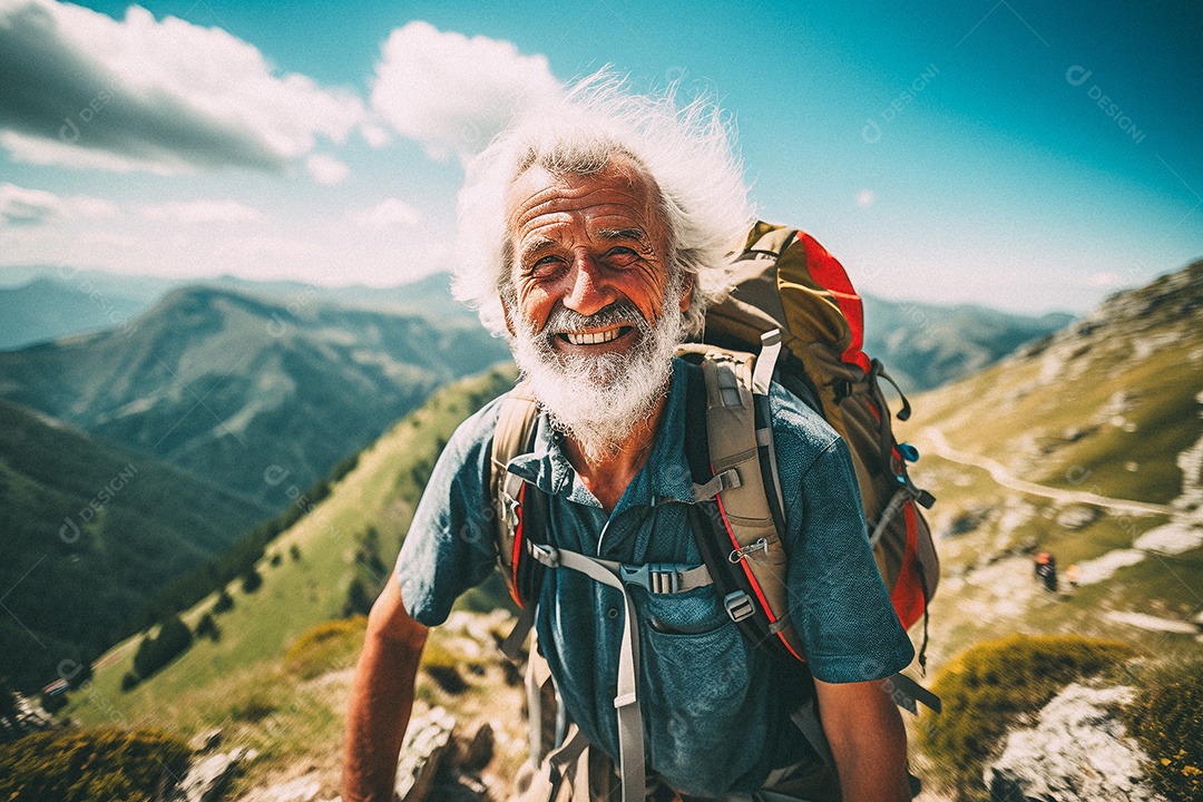 Velho andando no topo da montanha