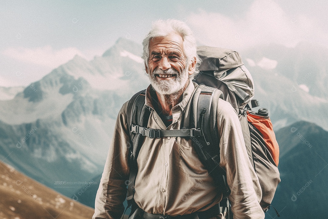 Velho andando no topo da montanha