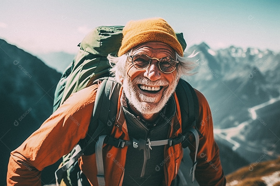 Velho andando no topo da montanha