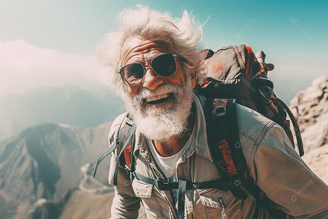 Velho andando no topo da montanha