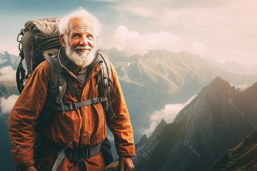 Velho andando no topo da montanha