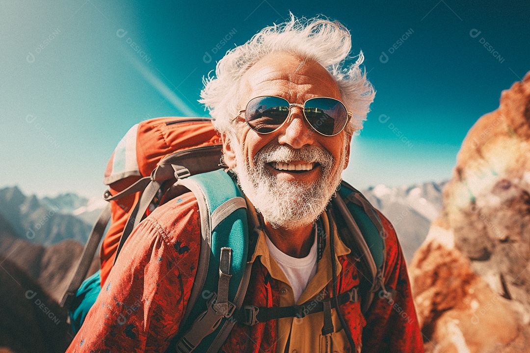 Velho andando no topo da montanha