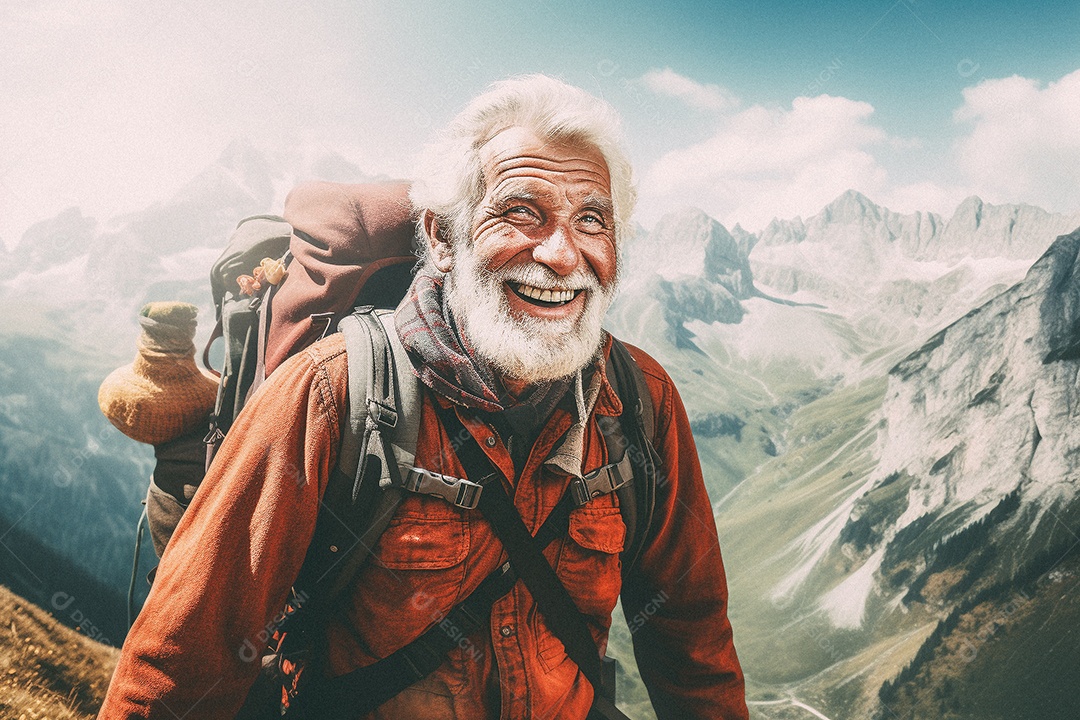 Velho andando no topo da montanha