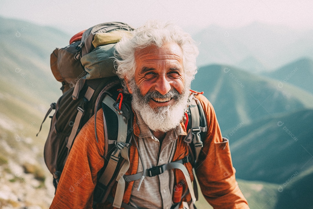 Velho andando no topo da montanha