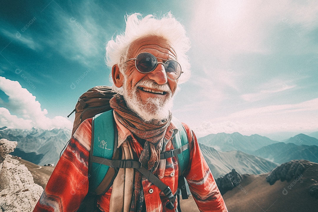 Velho andando no topo da montanha