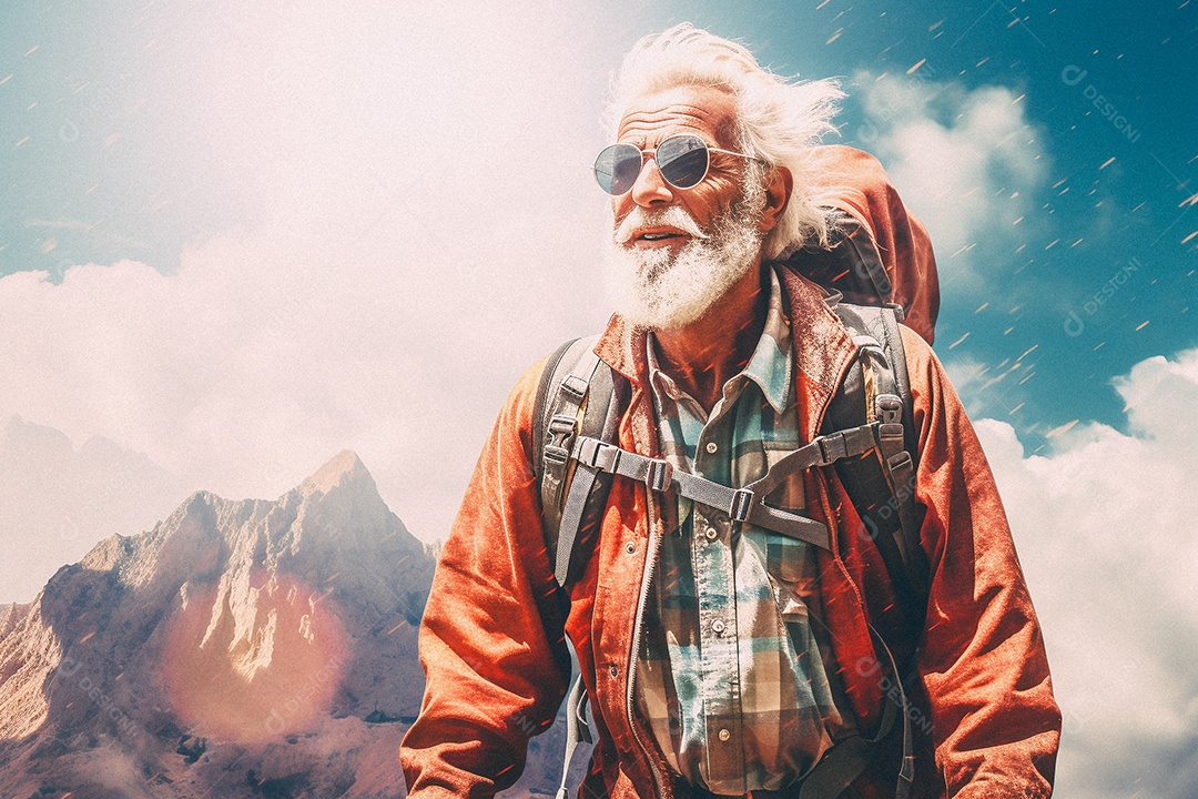 Velho andando no topo da montanha