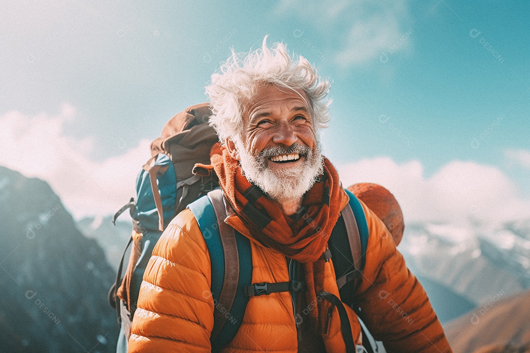 Velho andando no topo da montanha