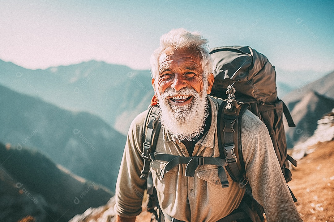 Velho andando no topo da montanha