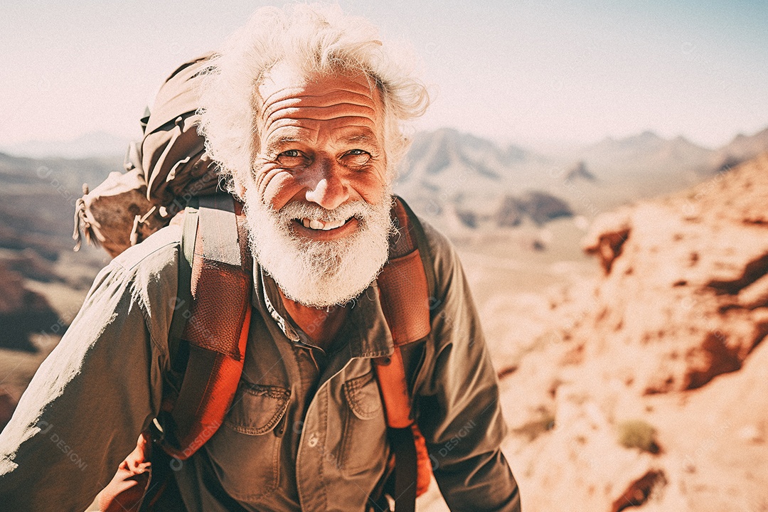 Velho andando no topo da montanha