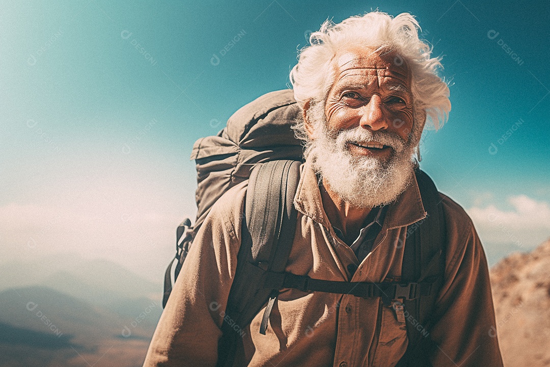 Velho andando no topo da montanha