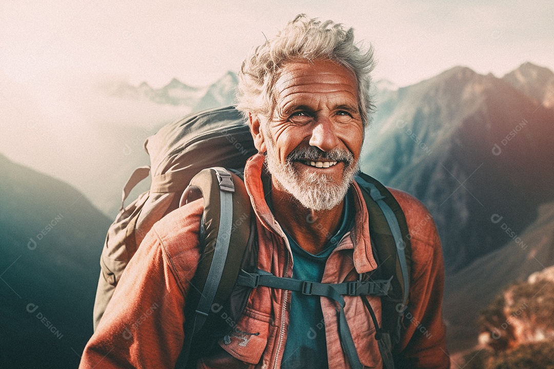 Velho andando no topo da montanha