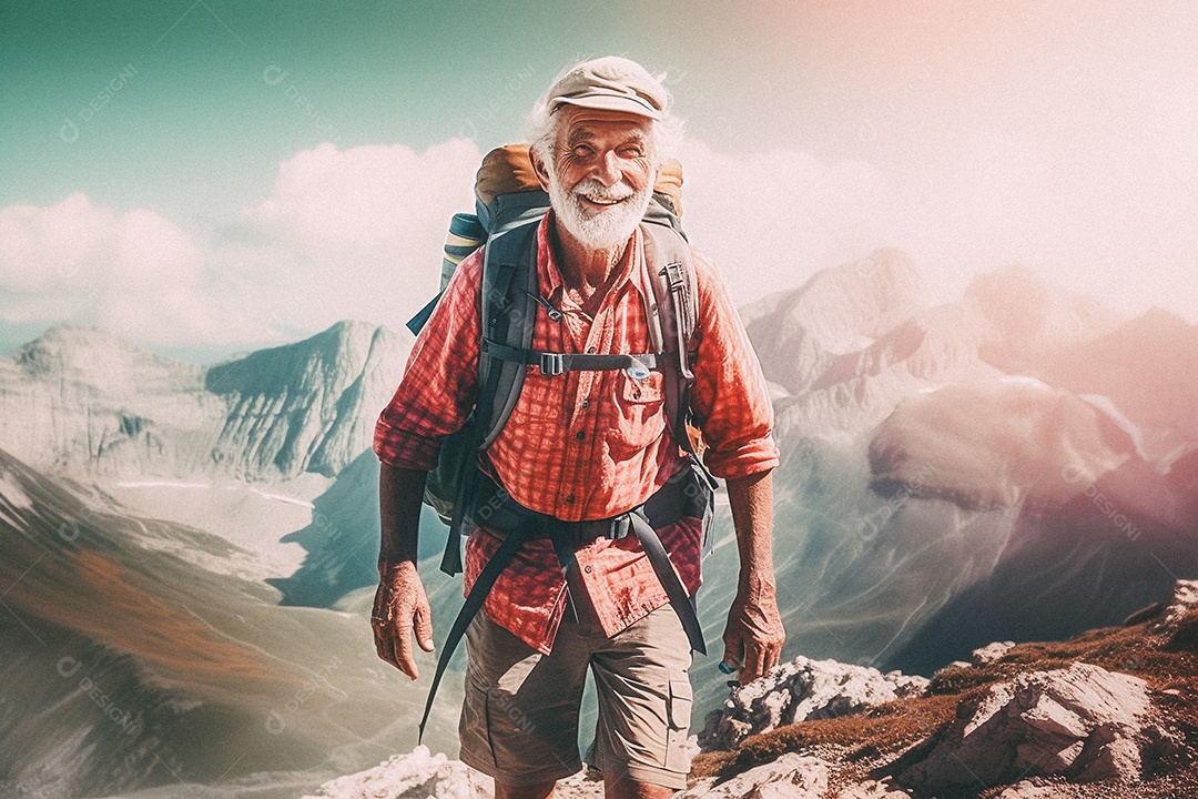 Velho andando no topo da montanha