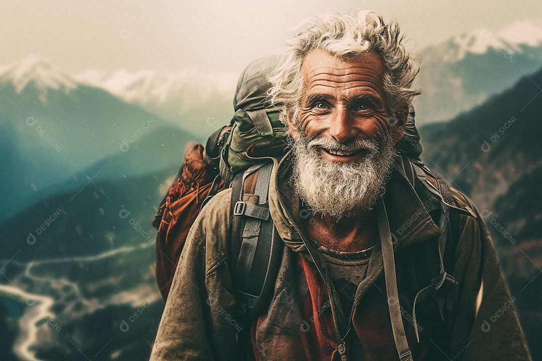 Velho andando no topo da montanha