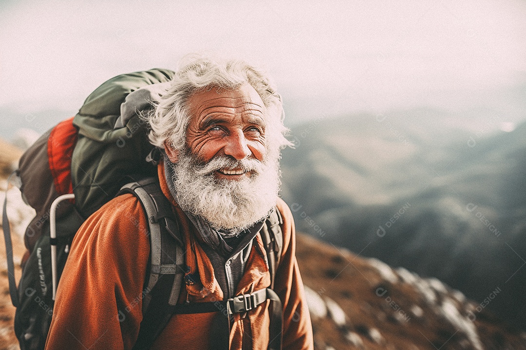 Velho andando no topo da montanha