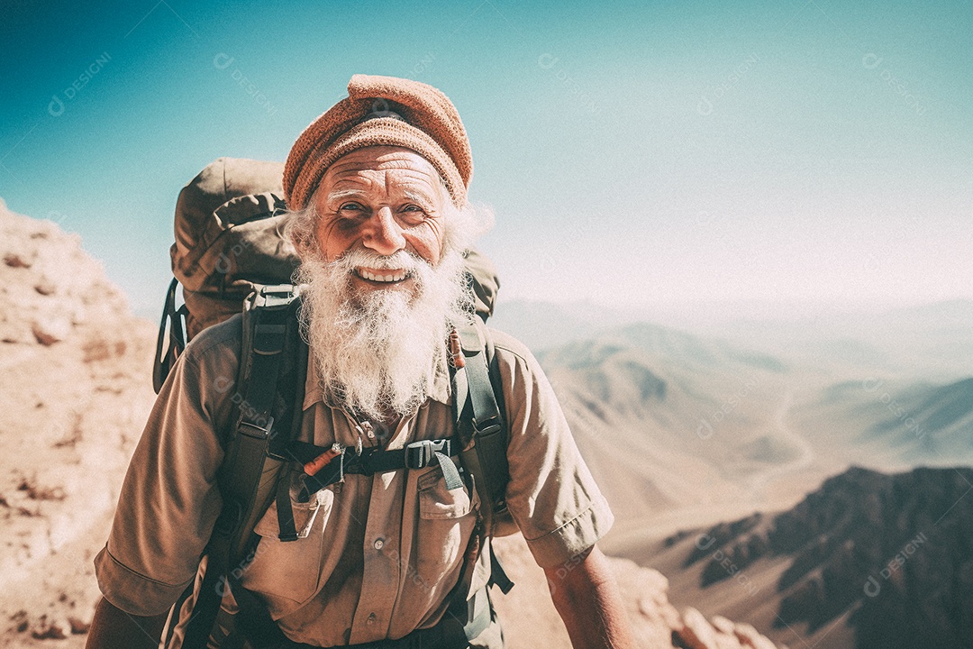 Velho andando no topo da montanha