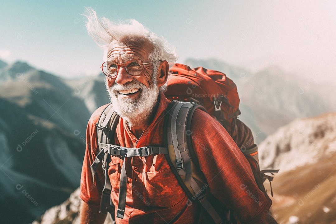 Velho andando no topo da montanha
