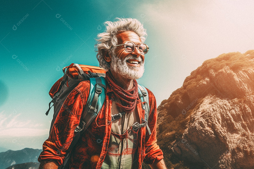 Velho andando no topo da montanha