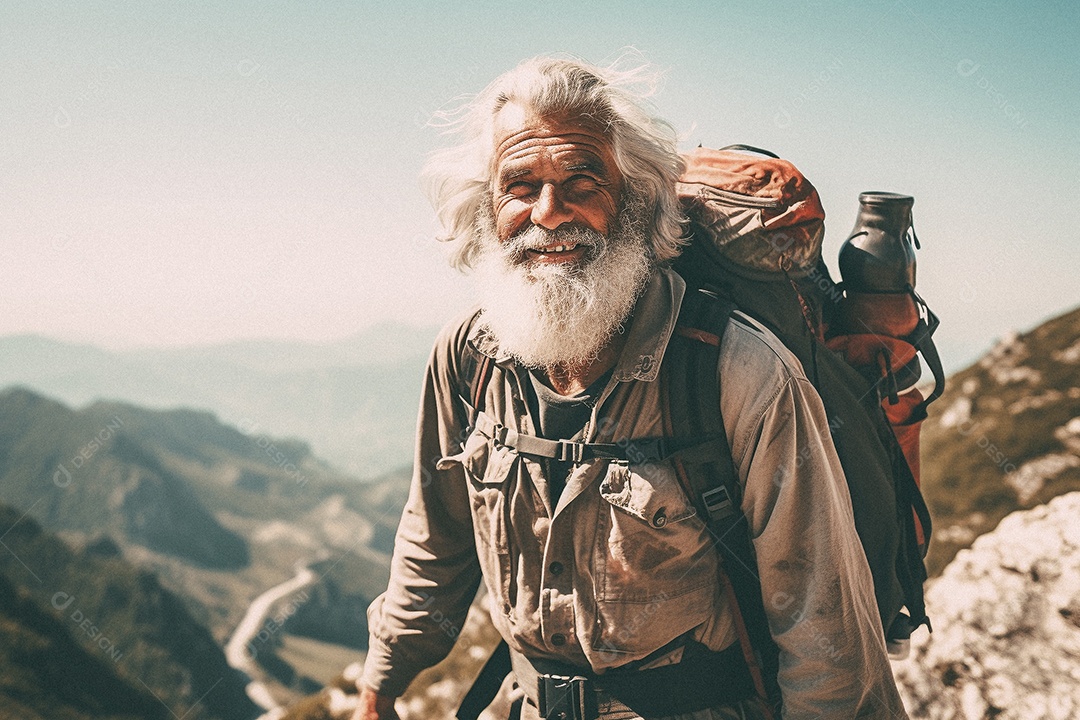 Velho andando no topo da montanha