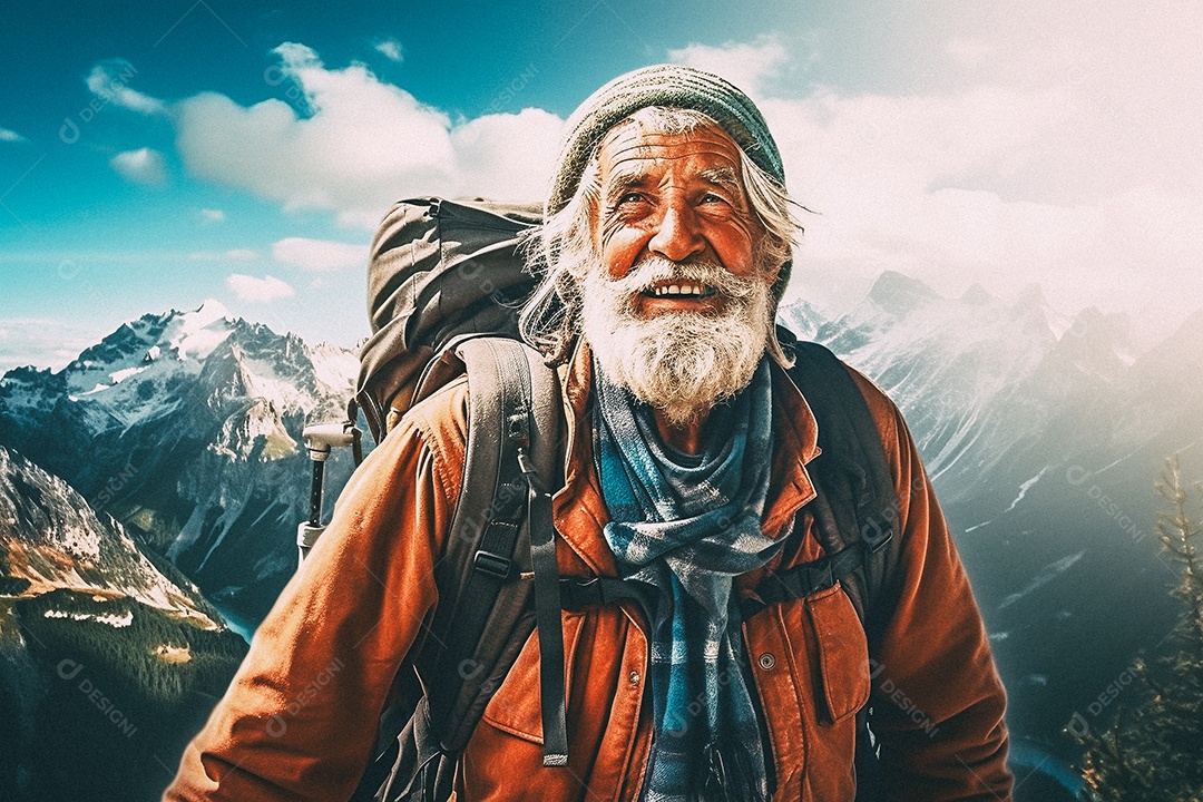 Velho andando no topo da montanha