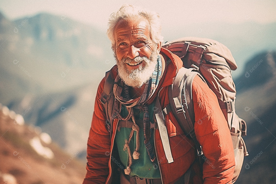 Velho andando no topo da montanha
