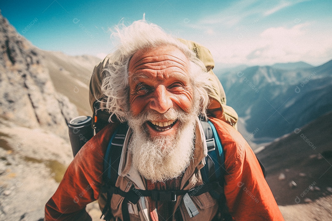 Velho andando no topo da montanha