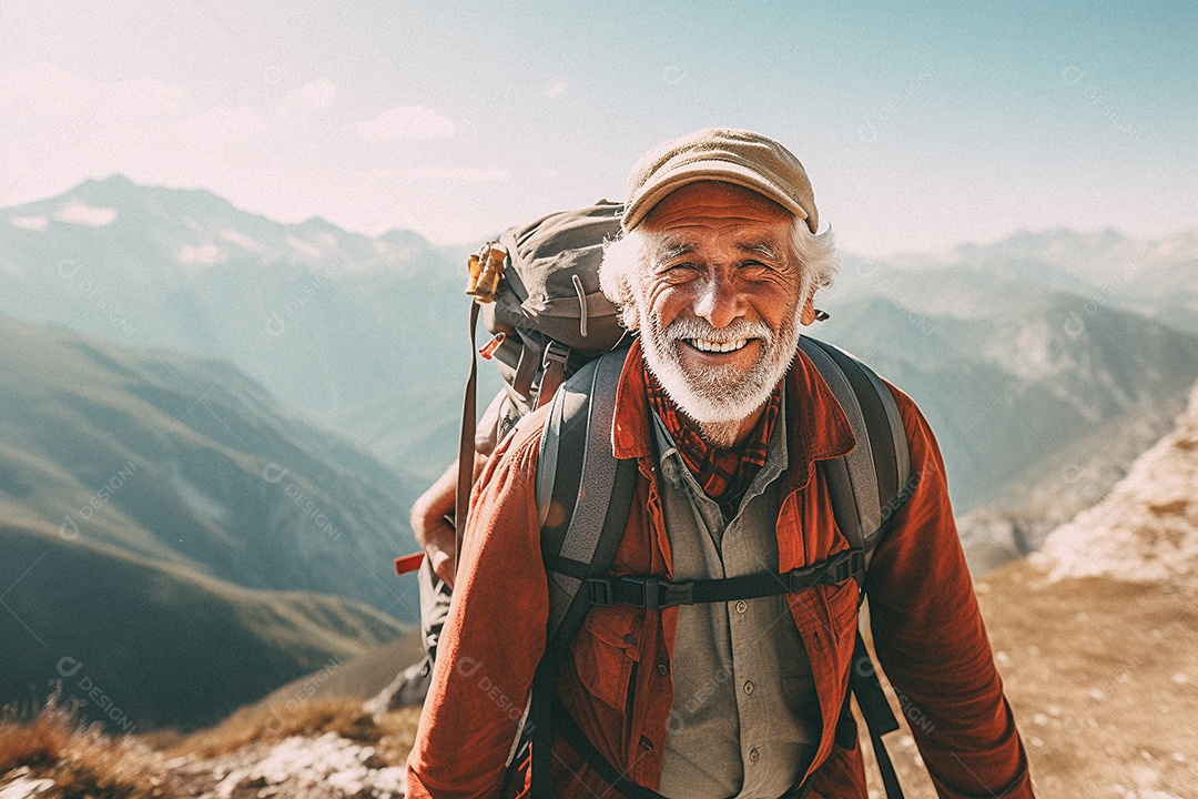 Velho andando no topo da montanha