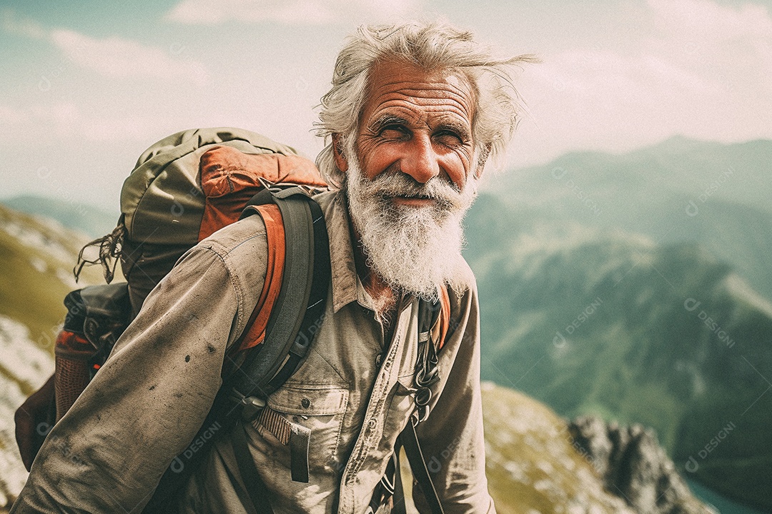 Velho andando no topo da montanha