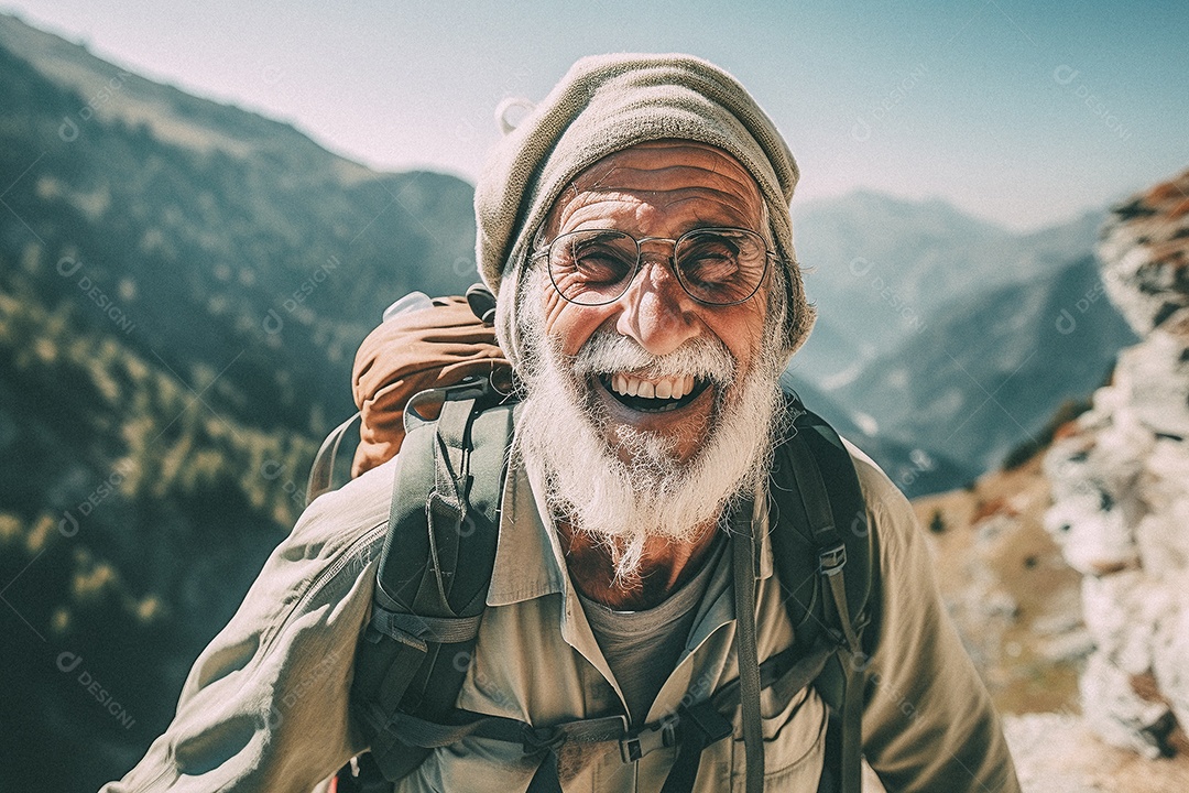 Velho andando no topo da montanha