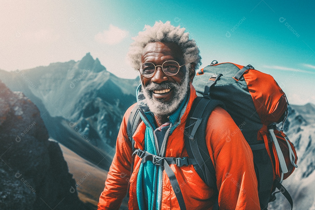 Velho andando no topo da montanha