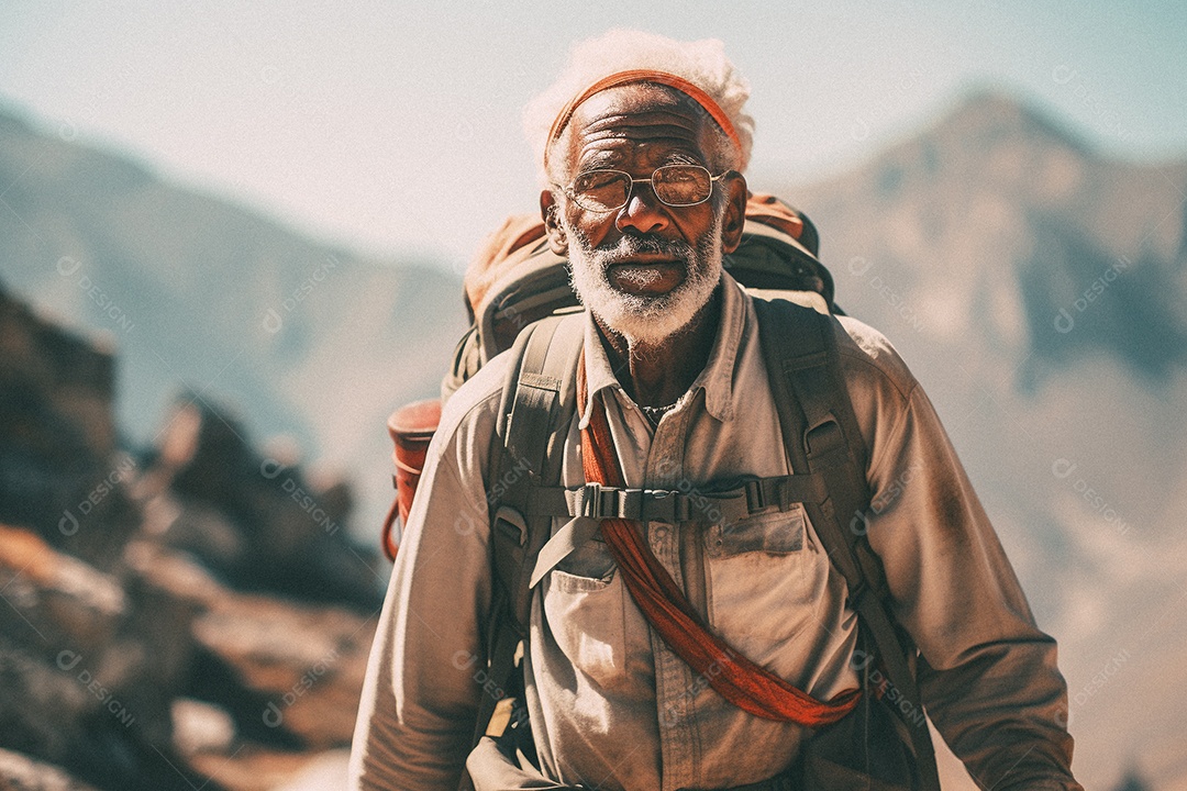 Velho andando no topo da montanha