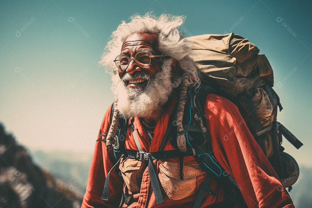 Velho andando no topo da montanha
