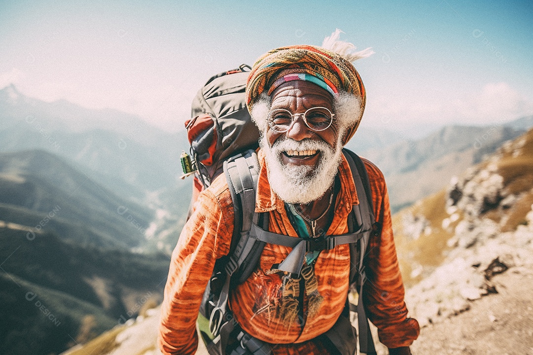 Velho andando no topo da montanha