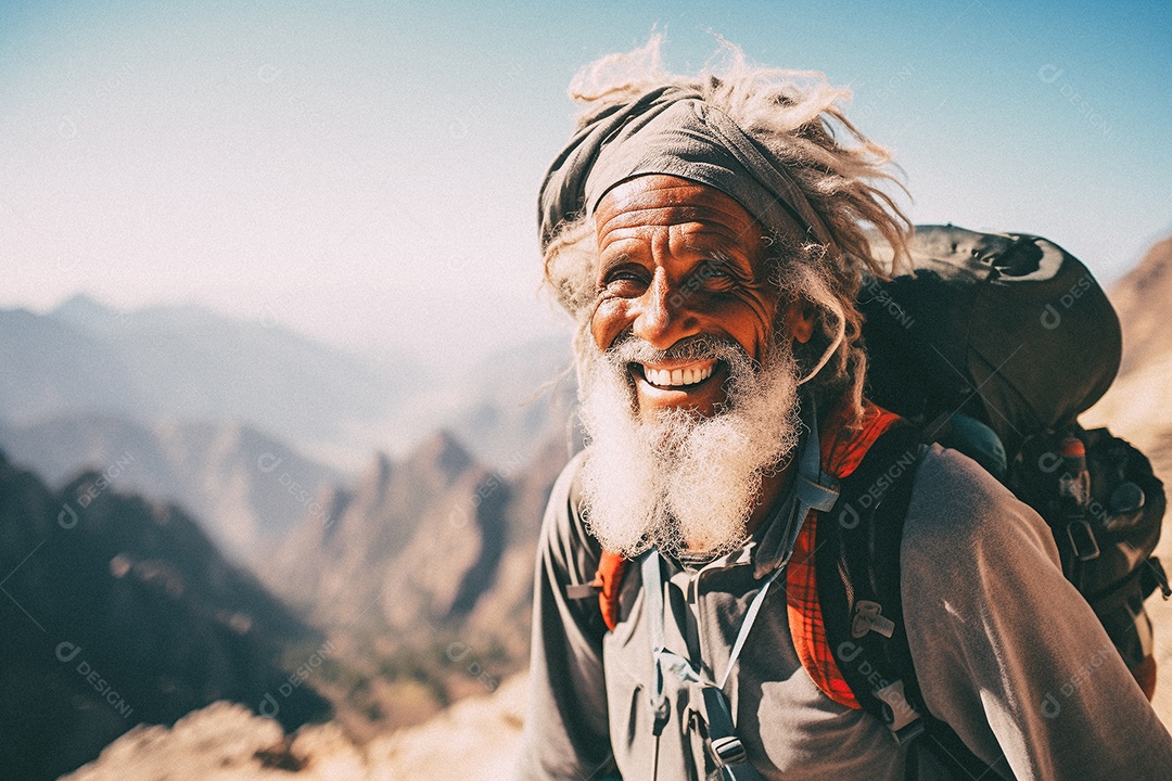 Velho andando no topo da montanha