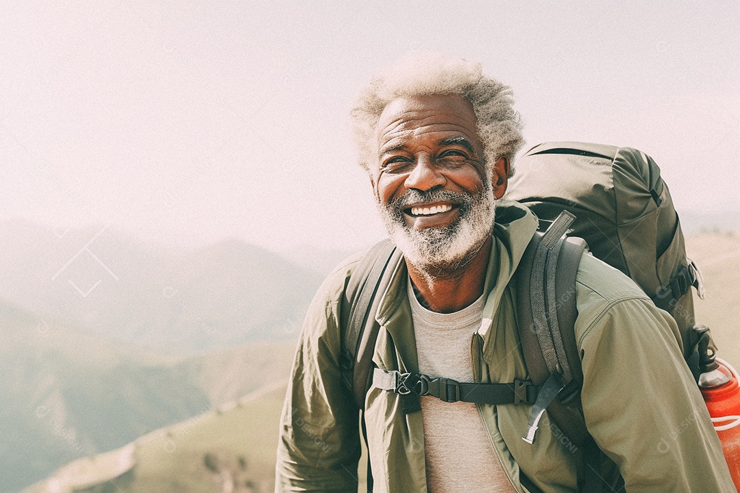Velho andando no topo da montanha