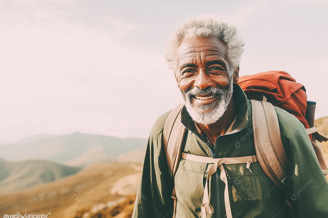 Velho andando no topo da montanha