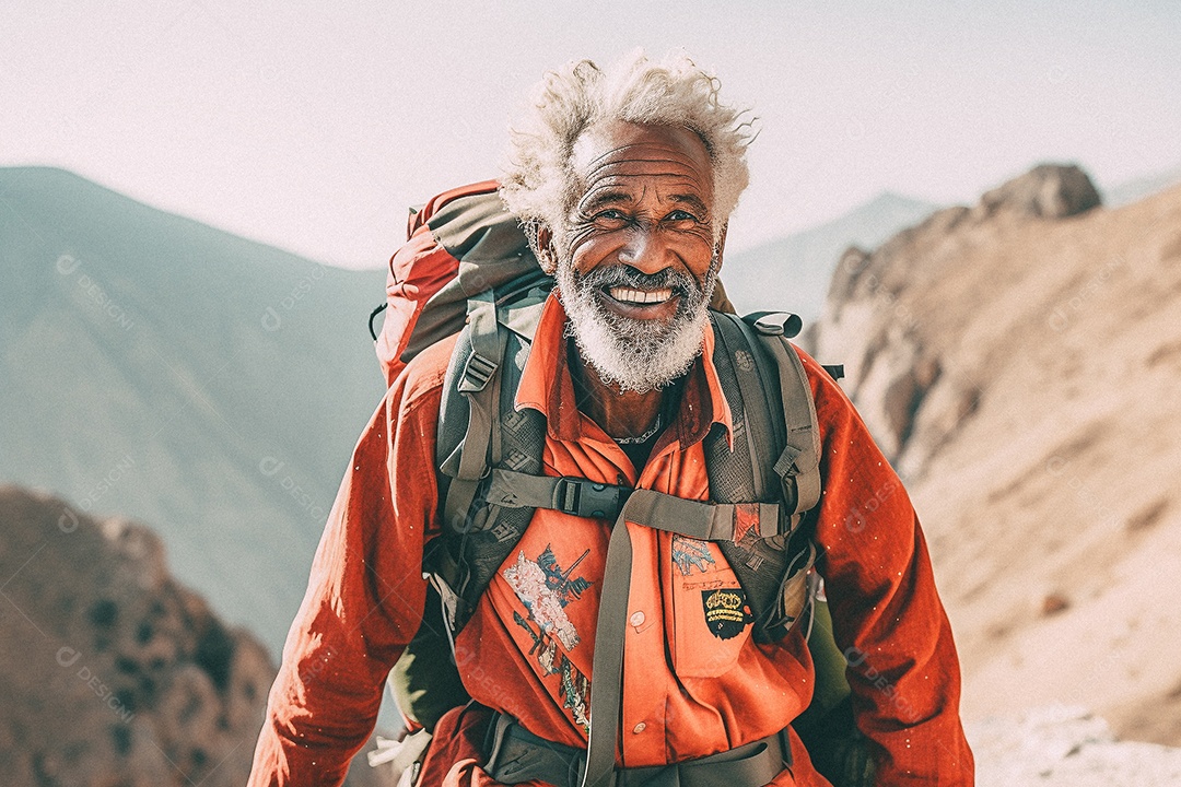 Velho andando no topo da montanha