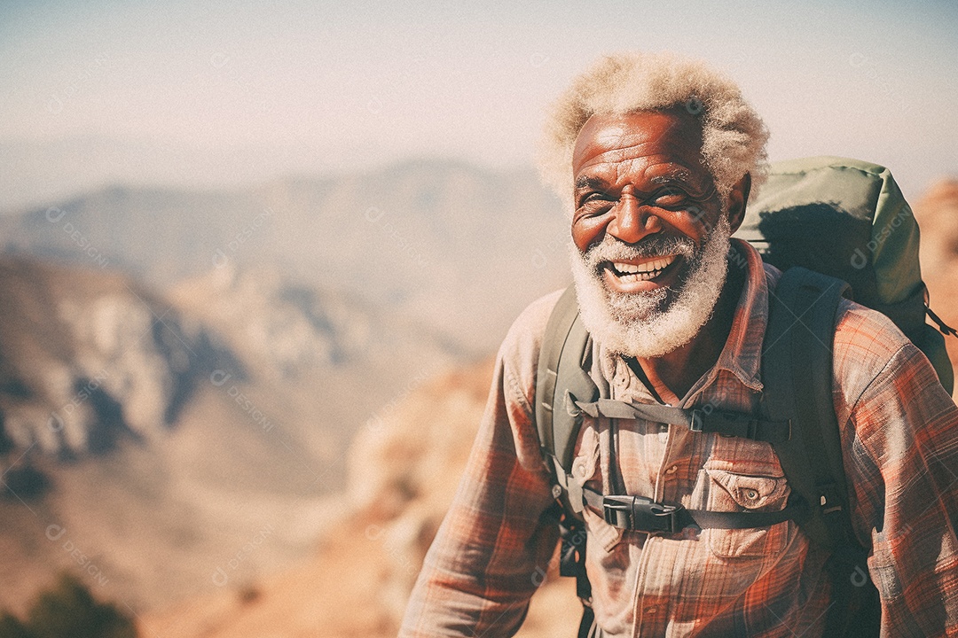 Velho andando no topo da montanha