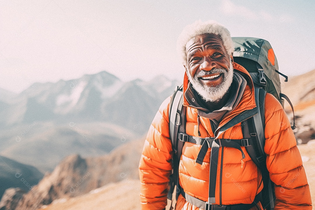 Velho andando no topo da montanha