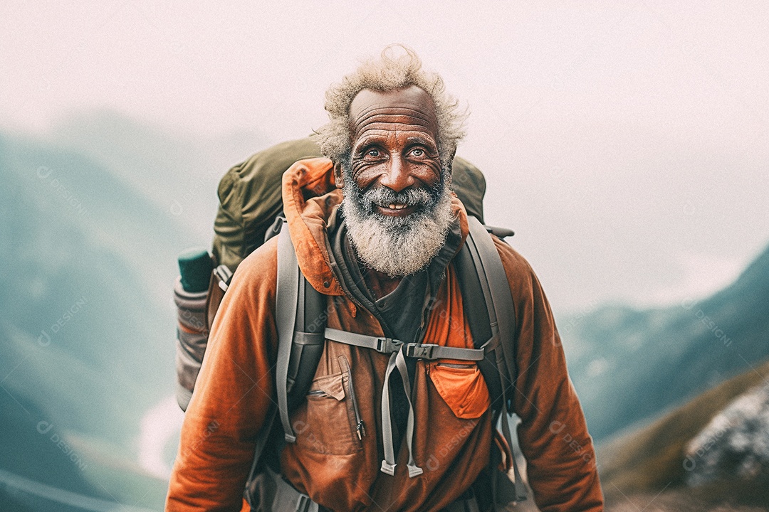 Velho andando no topo da montanha