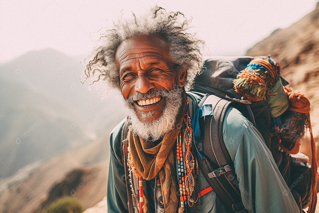 Velho andando no topo da montanha