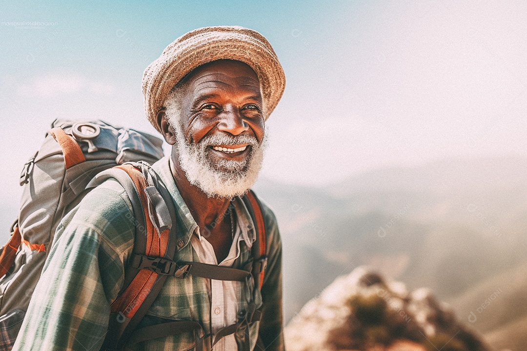 Velho andando no topo da montanha