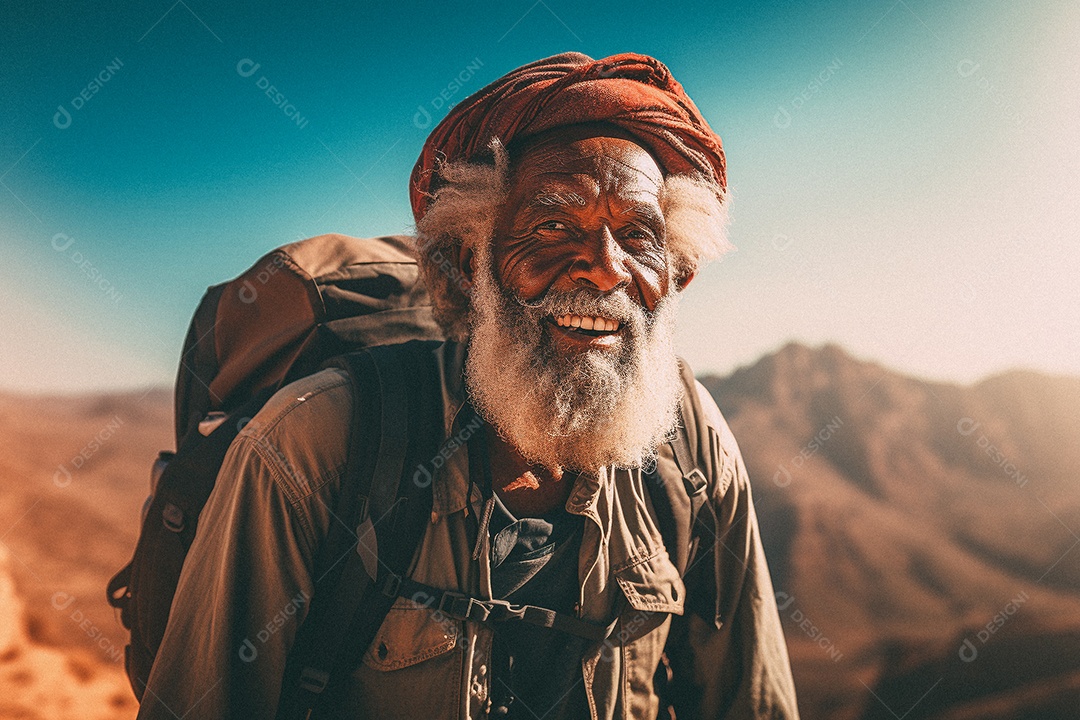 Velho andando no topo da montanha