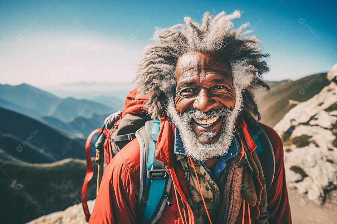 Velho andando no topo da montanha