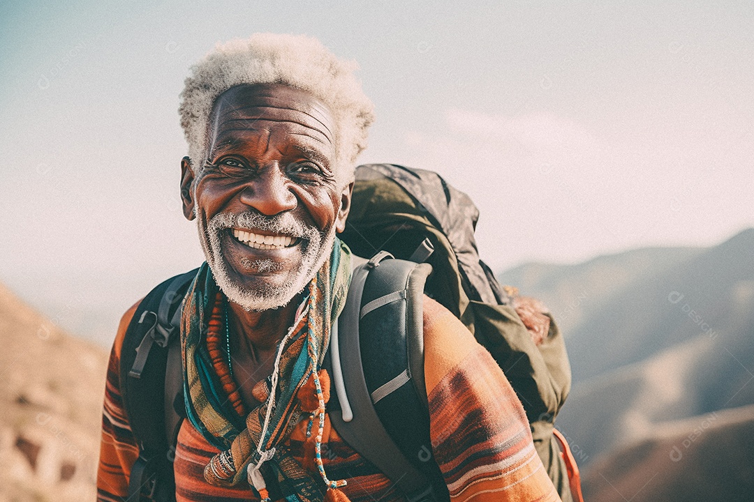 Velho andando no topo da montanha