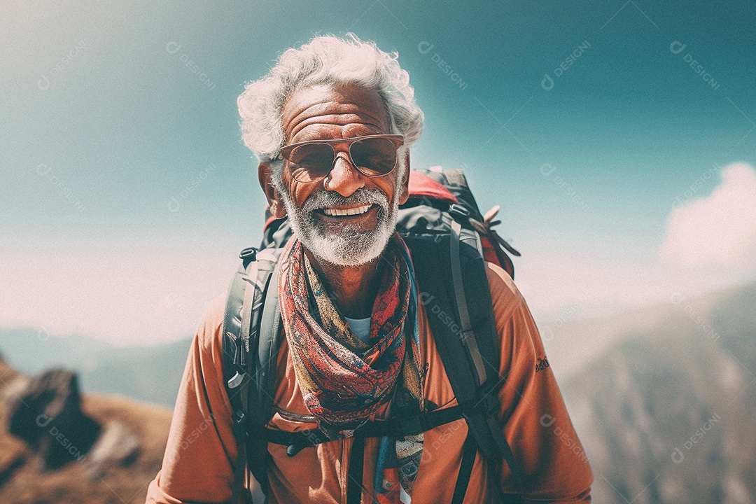 Velho andando no topo da montanha