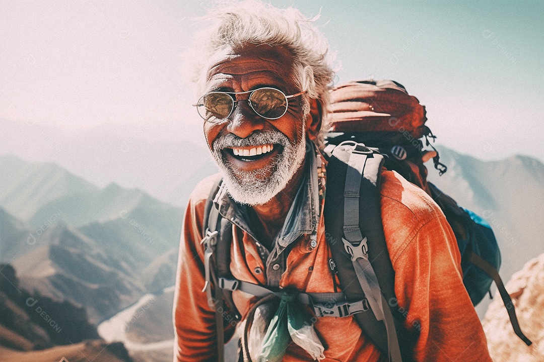 Velho negro andando no topo da montanha